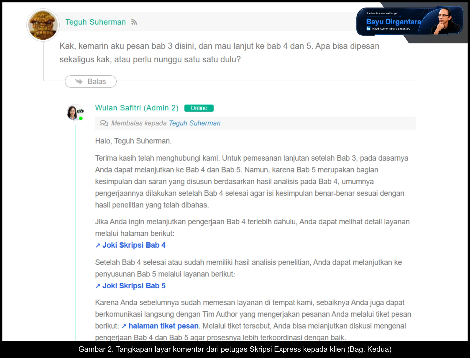 2. Tangkapan layar komentar dari petugas Skripsi Express kepada klien Bag. Kedua