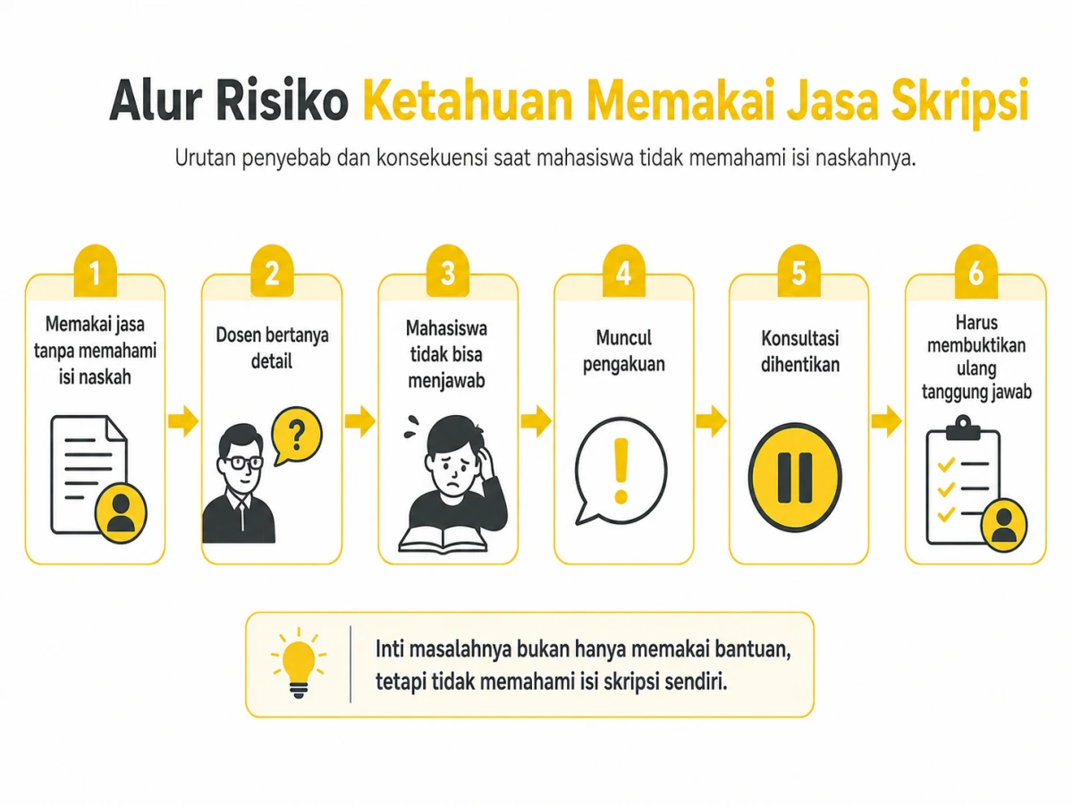 24 1. Alur Risiko Ketahuan Memakai Jasa Skripsi Pengalaman Teman Ketahuan Pakai Joki Skripsi Menjelang Sidang Flowchart risiko joki skripsi yang menunjukkan alur dari tidak memahami naskah hingga konsultasi dihentikan.