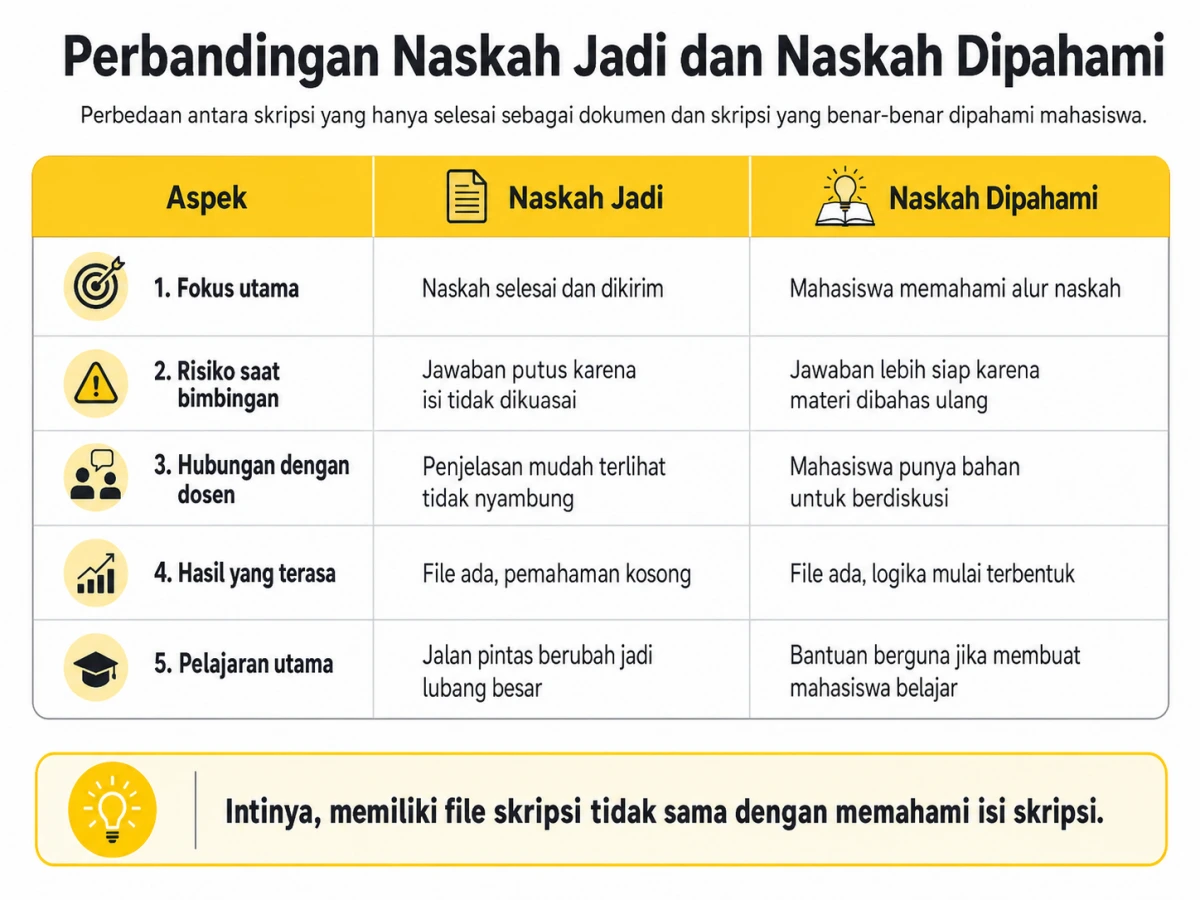 24 2. Perbandingan Naskah Jadi dan Naskah Dipahami Pengalaman Teman Ketahuan Pakai Joki Skripsi Menjelang Sidang Tabel perbandingan joki skripsi antara naskah jadi dan naskah yang benar-benar dipahami mahasiswa.